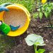 Hand in glove holding shovel and fertilize organic garden