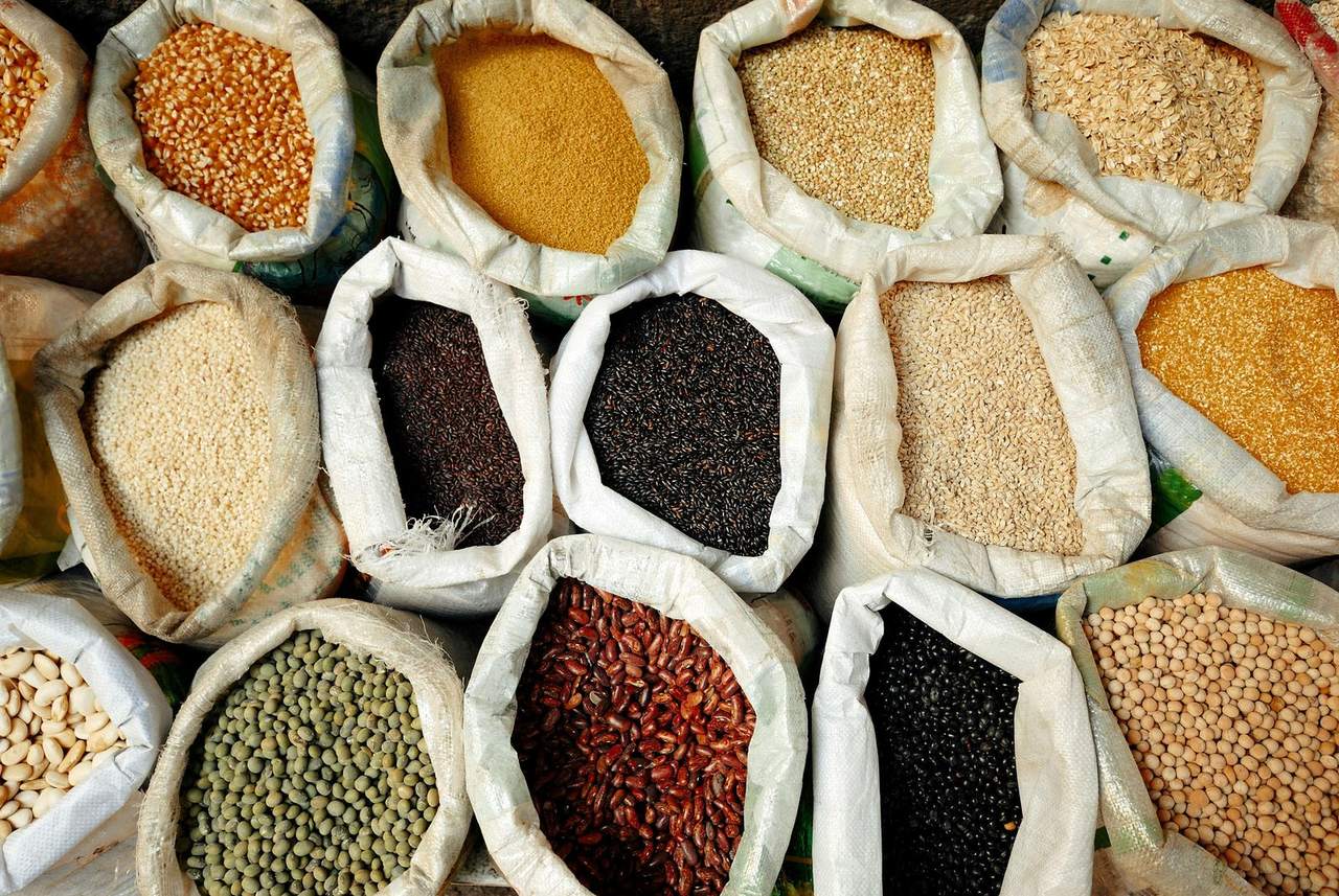 Open sacks filled with assorted pulses, grains and seeds